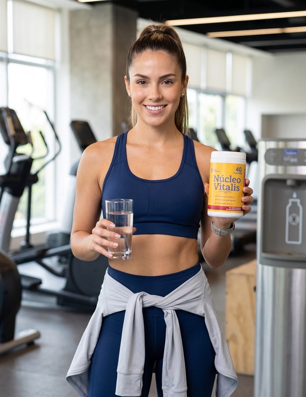 Persona con Núcleo Vitalis y un vaso de agua después de entrenar